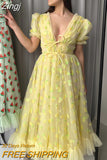 Women Party Long Dress Short Sleeve V Neck Tie-up Front High Waist Fruit Sequins Ruffle Tulle Hem Princess Dress
