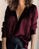 V-neck Solid Chiffon Color Temperament Commute Satin Long-sleeved Green