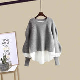 Zingj Women Winter Patchwork Long Sleeve Knitted Tops + Asymmetric Skirt 2 Piece Suit Female Party Elegant Two Piece Set 102-1-Outfit