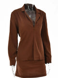 Turn-down Collar Button Women Two Piece Set Brown Long Sleeve Top High Waist Skirt Women Autumn Sexy Slim Office