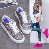 Women's Sparkly Flat Sneakers, Lace-up Mesh Casual Sneakers, Shiny Platform, Comfortable Knit Vulcanized Plus Size