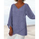 Elegant Striped Cross Criss Blouse Casual Long Sleeve V Neck Linen Baggy Shirt Vintage Linen Tunic Tops