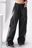 Streetwear Striped Cargo Pants Women High Waist Pockets Americam Casual Trousers Harajuku Loose Chic Patchwork
