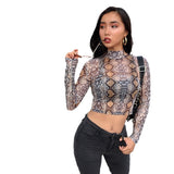 Zingj Style 2024 Hot Selling Autumn And Winter New Women's Long Sleeve Round Collar Short Snake Grain T-Shirt-Outfit