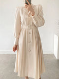 Women Spring Notched Collar Suit Single-breasted Office Lady Full Sleeve High Waist Female Pleated Midi