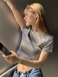 Vintage T Shirt 2022 Summer Women Plaid Crop Tops Short Sleeve Streetwear Tee Tops Korean Style Y2k Punk Tops