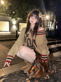 Brown V-neck Letter Print Oversize Sweater- Outfit
