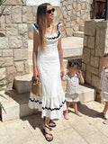 Women Elegant Contrast Spliced Ruffles Hem Long Dress Fashion Square Neck Backless Sleeveless Robes Female Chic Holiday