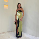 Print Off Shoulder Strapless Maxi Dress Women Contrast Backless Sleeveless Robes 2024 Fashion Female Holiday Beach