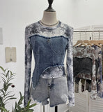 Solid Shooting Tie-Dye Print Spliced Denim T-Shirt Girl Autumn Design Sense Irregular Hair Side Short-Sleeved Top