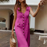 Summer Women's Dresses Elegant Dot Print Boho Dress Feminine Turn-down V-neck Dress Button Pocket Dress