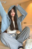 Sweatshirts Coats Women High Waist Crop Tops Solid Sudaderas Hip Hop Y2k Long Sleeve Korean Casual Zipper Pink