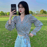 Women Ins Floral Summer Trendy Sexy Femme Crop Top Lace-up All-match Daily Soft Womens Shirts Puff-sleeve Vintage