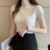 Womens Tops And Blouses Summer Short Sleeve Blouse Women Blusas Mujer De Moda Turtleneck Knitted Blouse Shirt Tops