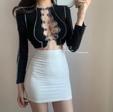 Sexy Mesh Lace Bandage Spring New Big Chest Hollow Cross Lace Up Color Matching Elastic Short Long Sleeve T-shirt Tops