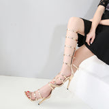 Shoes Spot High-Top Women's Shoes Hollowed-Out Ribbon Fine-Heeled Roman High-Heeled