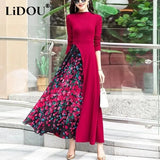 Winter Floral Print Knitting Patchwork Casual Fashion Maxi Dress Ladies All-match Oversized Vestidos Elegant Robe