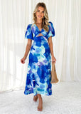 Zingj Years New Bubble Sleeve Long Dress Sexy Print V-Neck Hollow Out Women's Wear