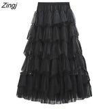 Sweet Multilevel Tulle Long Skirt Women Elastic High Waist A-line Pleated Mesh Skirt Gothic Lolita Female Jupe
