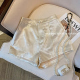Summer Mercerized Satin Shorts White Trim A Version Of National Style Jacquard Wide-Legged