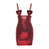 Fashion Women's Black Red Hollow Out Heart Shape Package Hip Mini Party Night Club Dress Girls Sexy Backless Sequins