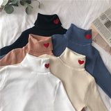 Knitted Women Sweater Ribbed Pullovers Heart Embroidery Turtleneck Autumn Winter Basic Women Sweaters Fit Soft Warm