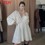 Sexy Deep V-neck Mini Dress Ladies Fashion Loose Long Sleeve Office Dress Streetwear Elegant White Dresses For