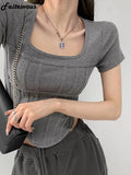 New Bright Line White T-shirt Women Fashion Slim Square Neck Short Sleeve Cropped Tops
