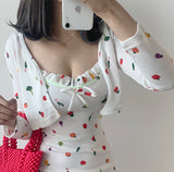 2021 New Girl Lovely French Fruit Pattern Sling Tank Vest Mini Dress + Cardigan Full Sleeve Knitting Sweater Set