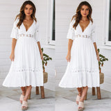 2020 Summer Sexy Deep V Neck Women's Dress Casual Solid Lace Patchwork Midi Ladies Fashion Empire Party Dresses