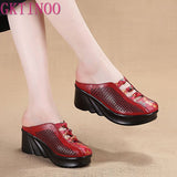 2021 Fashion Cut-outs Women Shoes Slippers Summer Closed Toe Wedge Sandals Genuine Leather Lady Slides Shoes