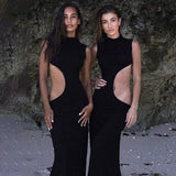 Black Mock Neck Tank Side Cut Out Maxi Dress-Outfit