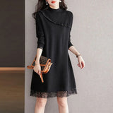 And Winter Knitted Dress Women's Casual Lace Sweater Skirt Medium-Length Semi-High Collar Bottom Sweater
