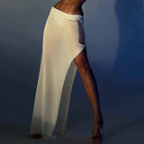 2022 Knitted Hollow Out Beach Outfits Long Sleeve Crop Top And Maxi Sexy Skirt Set Two Piece Summer Party Women