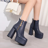 Fashion Women Boots Double Platform Chunky High Heel Ankle Boots Square Toe Zipper Punk Boots Autumn Winter Lady