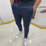 Spring Autumn Mid Waist Skinny Long Pants Business Casual Men's Slim Trousers Fashion Striped Printing Pencil Pants For