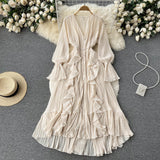 Fairy Seaside Resort Chiffon Long Dress Women's Lotus Leaf Lace V-neck Temperament Crimped Waist Slim