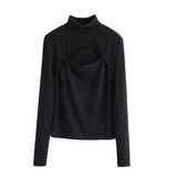 2021 Spring Hollow Out T-shirts Woman Slim Knitted Turtleneck Tops Tee Long Sleeve Sexy Ladies