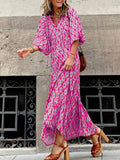 Pattern Printed Loose Long A-Line Dress New Women Lantern Sleeve Boho Dresses Women Summer V Neck Maxi Dress