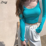Women Long Sleeve Short T-shirts Solid Deep O-neck Slim Sexy Daily Korean Style Ulzzang Fashion Simple Autumn Female