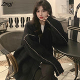 Stripe Knit Cardigans Women Korean Style V-Neck Oversize Harajuku Sweater Coat Y2k Casual Single Breasted Long Sleeve