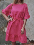 Women Cotton Linen Loose Dresses Spring New Lantern Sleeve Solid Midi Maxi Dress Casual O Neck Belt Waist Shirt