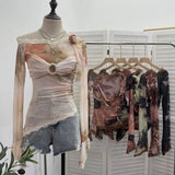 Real Shooting Lace Splicing Oblique Shoulder Thin Tie-Dye Mesh T-Shirt Girl T-Shirt T-Shirt Shawl T-Shirt