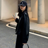 Cropped Leather Jacket Women Korean High Street Leather Blazers Women Vintage Streetwear Moto Bike Jacket Autumn 2023