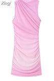 Pink Tulle Mini Dress Woman Mesh Bodycon Dress Women Sleeveless Semi Sheer Short Dresses For Women Ruched Summer