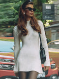 Neck Solid Knitted Ribbed Mini Dress Women Elegant Long Sleeve Slim Fit Short Dress 2023 Autumn Fashion Female Party