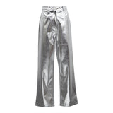 Zingj Women's Autumn New Street High Waist Reflective PU Leather Pants Women's Fashion Trend Pants-Outfit