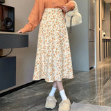 Korean Style Floral Print Long Skirts Women 2022 Summer A Line Beach Skirts Woman Elastic High Waist Midi Skirt