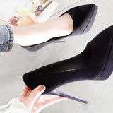 Red Bottom Black High Heels Female Fine Heel Sexy Temperament Waterproof Table Ultra-High Single Shoe Thick Sole 12Cm