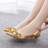 Cm Large-Size Fine-Heeled Pointed Sandals Behind The Cool Belt High Heels Water Drill High Heels Women's Golden Wedding